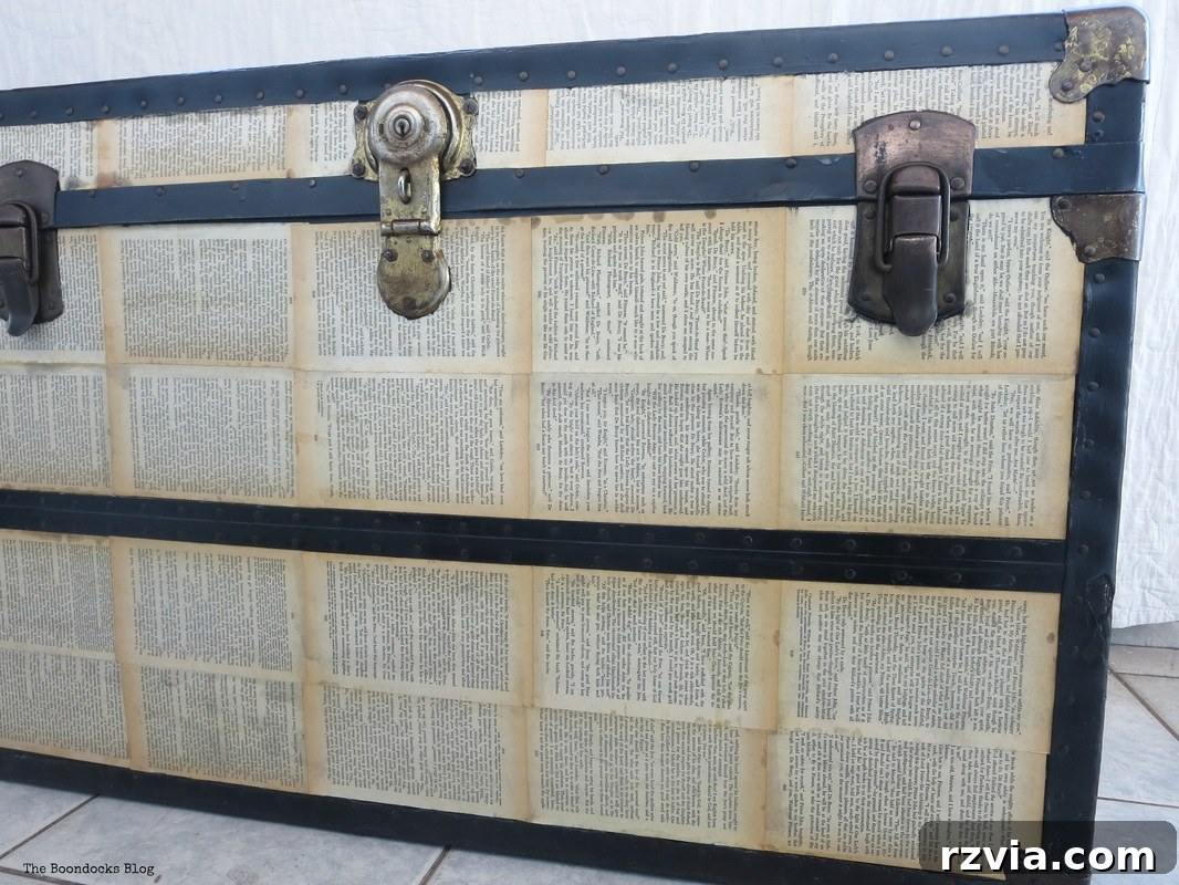 The fully decoupaged vintage trunk, showcasing its renewed vintage charm