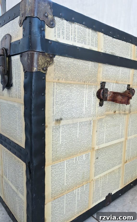 Side profile of the vintage trunk, beautifully decoupaged and varnished