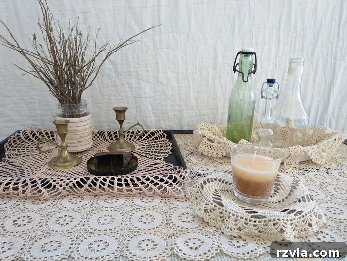Inside the decoupaged trunk, delicate lace doilies belonging to the owner's mother
