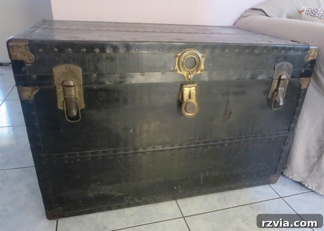 Before shot of the old, worn metal trunk in need of restoration