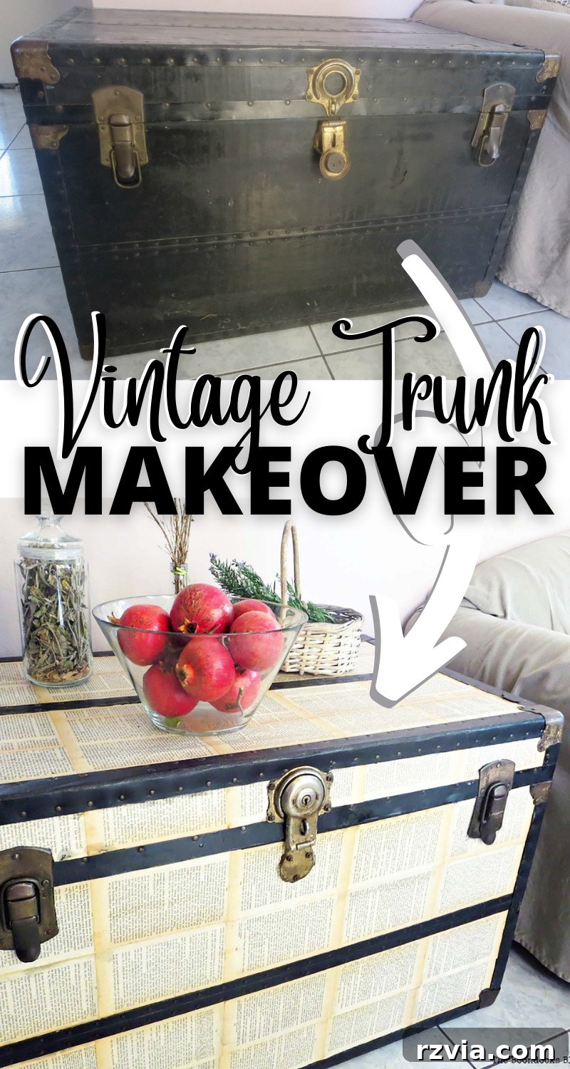DIY vintage trunk makeover with Mod Podge decoupage and old book pages, final result.