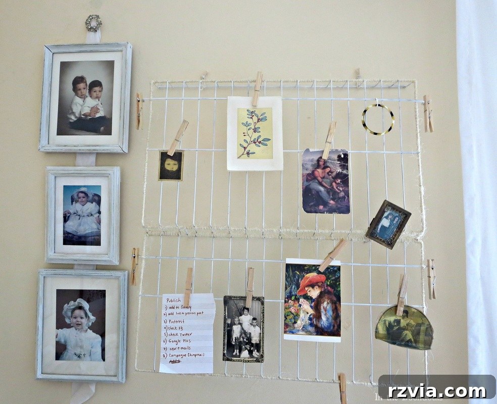 The completed twine-wrapped wire rack organizer, showcasing its rustic charm and readiness for use in a creative workspace. The Twine Lady Returns www.theboondocksblog.com
