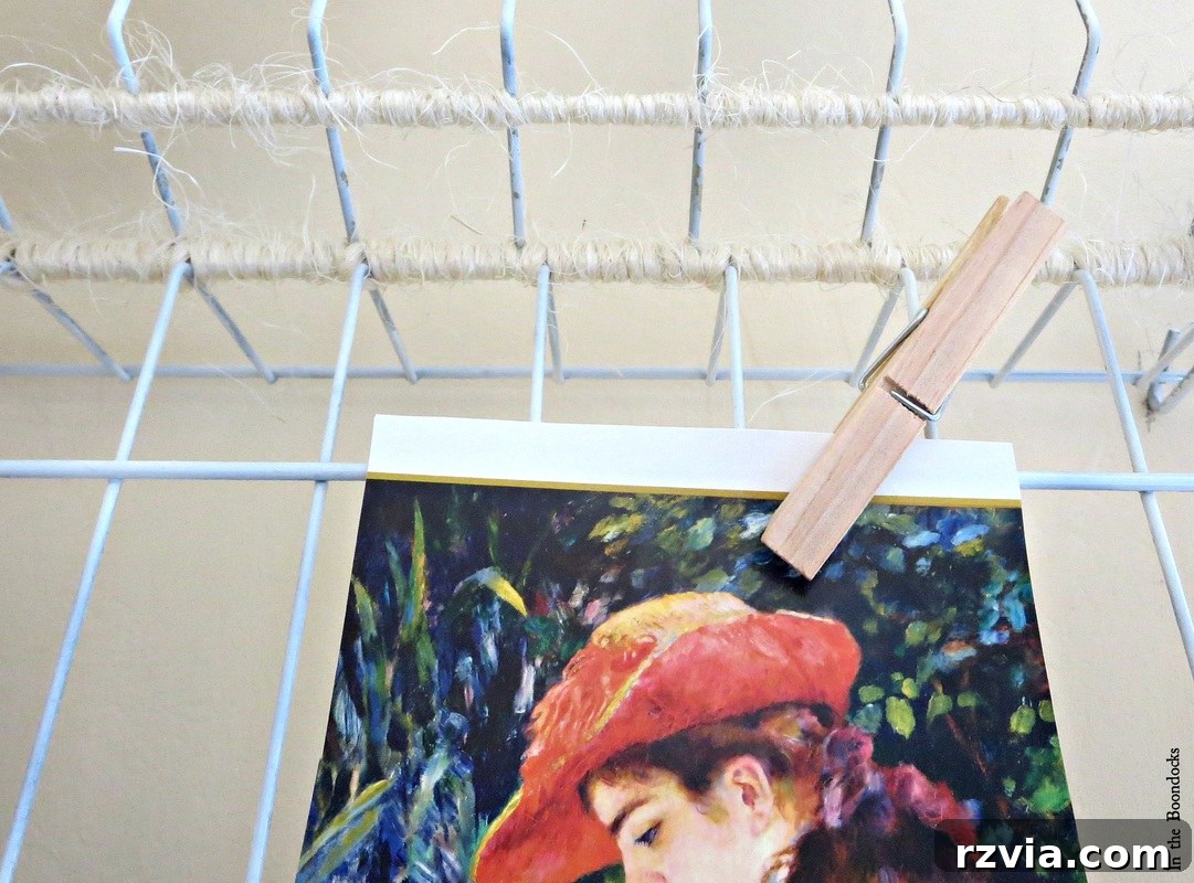 Detailed view of how two wire rack sections are wrapped together with twine, forming a strong and unified organizer. The Twine Lady Returns www.theboondocksblog.com
