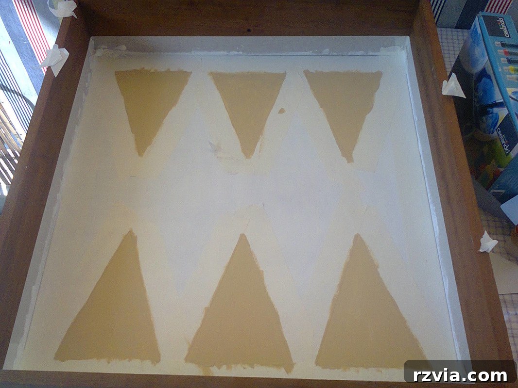 Carefully Painting the Backgammon Pattern into the Repurposed Drawer