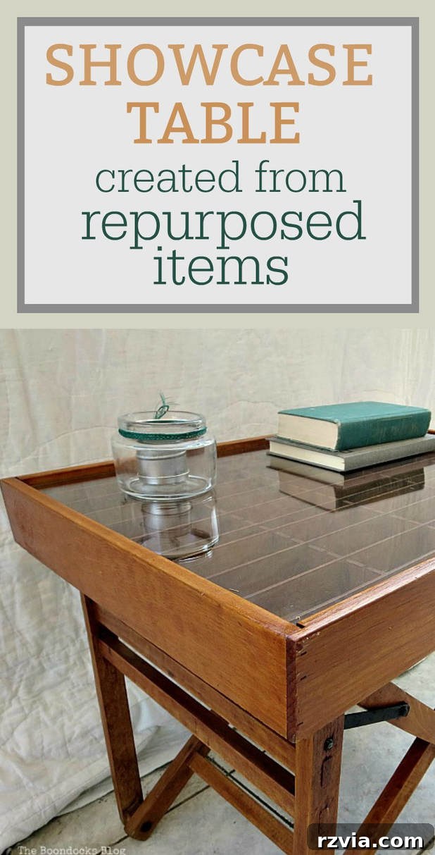 The Feature Table 15 DIY tutorial image: How to create a showcase table by repurposing a damaged director's chair and a wooden cassette tape holder. Tags include #repurposes #oldthings #trashure #directorschair #woodcassetteholder #creatingsomethingnewfromoldthings #coolfurniture #uniquefurniture #chairmakeover #showcasetable #glasstabletop #DIYProject